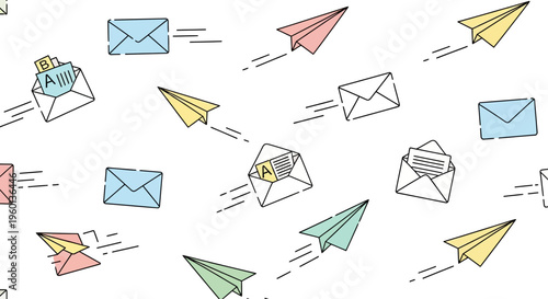 Colorful paper airplanes and envelopes flying.