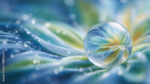 Glass sphere holds a delicate flower within. Blue-green waves ripple behind it, soft and dreamlike. Light dances through the water, creating gentle glimmers. This image evokes tranquility and wonder