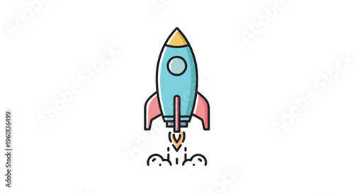 Colorful cartoon rocket ship blasting off.