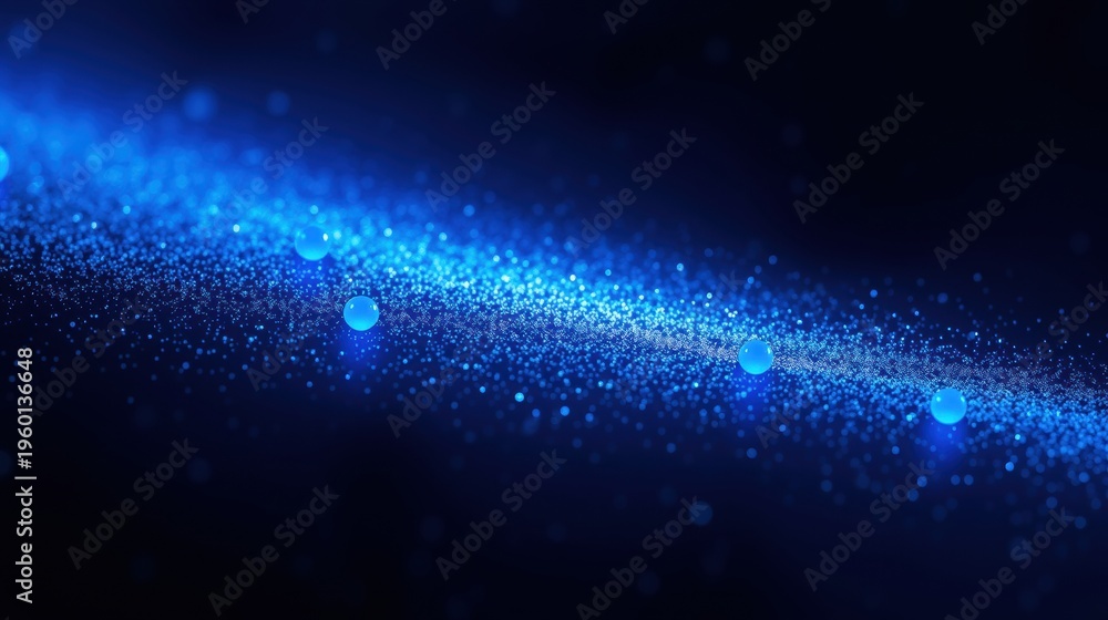 Fototapeta premium Dark background features bright blue particles, creating glowing wave effect. Subtle spheres add depth, suggesting cosmic energy flow.