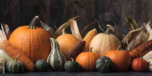 Seamless border of pumpkins, gourds, and corn stalks for packaging and menu decoration
