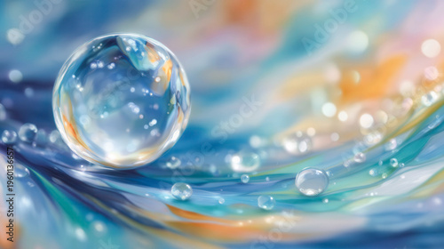 Single droplet rests atop swirling water. Soft blues and golds glow in the background. Reflections dance inside its transparent surface. Bubbles rise gently around the main droplet