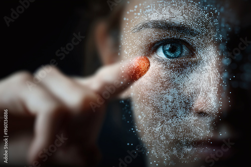 Woman touching fingerprint scanner with finger  as a concept of cyber security and data protection with face recignition technology