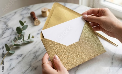 Golden Glitter Envelope with White Card Insert Held by Hands on Marble Table for Wedding Invitation Design