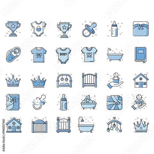 Collection of small bathroom icons and symbols in blue and black