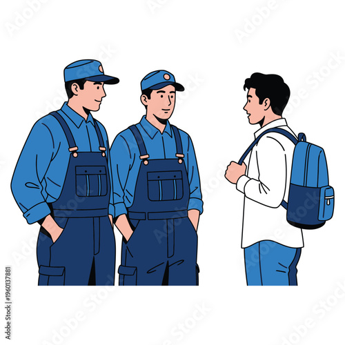 Two uniformed workers in blue overalls talking to a student with a backpack