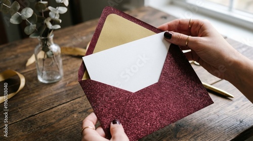 Hands Opening Glitter Envelope with White Card on Wooden Table for Wedding Invitation