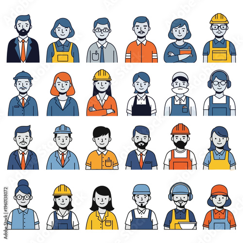 Diverse group of construction workers and laborers in various professions