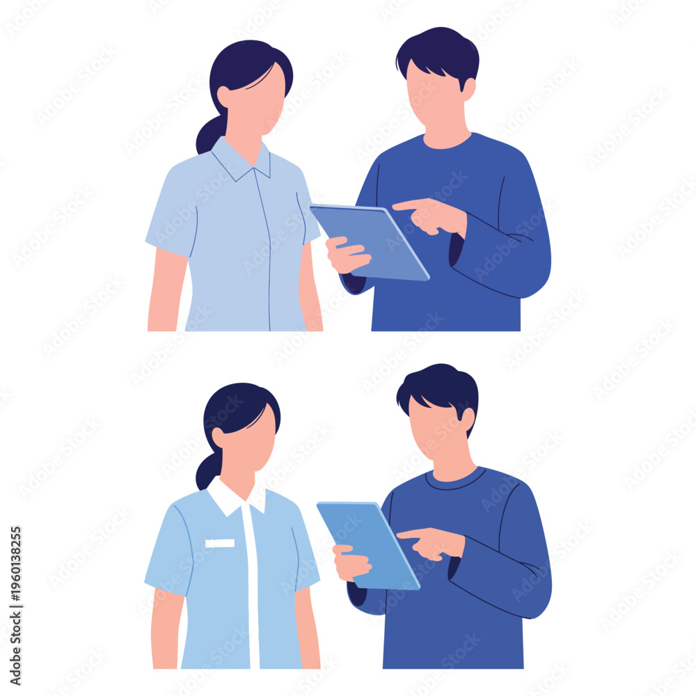 Obraz premium Illustration of two diverse pairs of colleagues collaborating and sharing information on a digital tablet