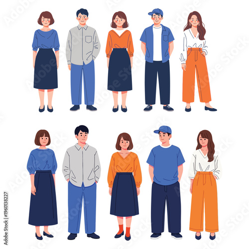 Diverse group of young adults in casual attire standing in two rows