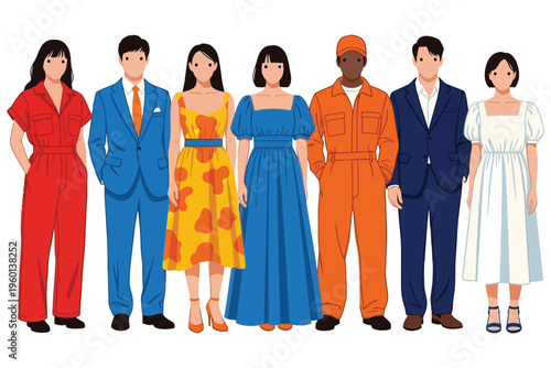 Diverse group of people in colorful outfits standing together in a line