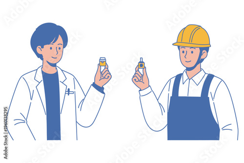 Two workers in lab coat and hard hat holding small objects