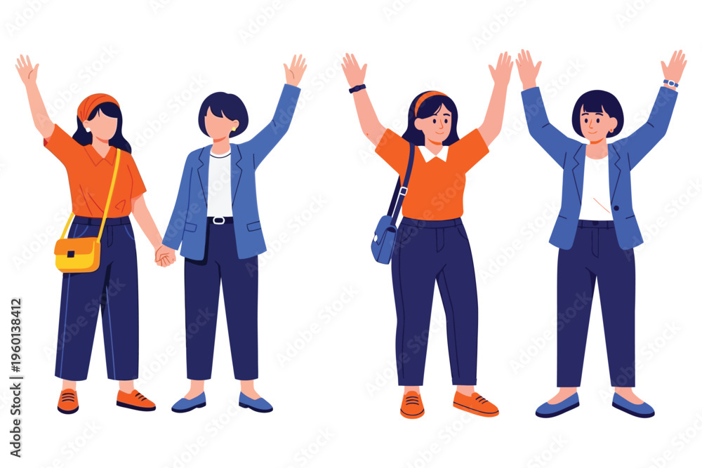 Fototapeta premium Four cartoon women with arms raised in celebration or greeting