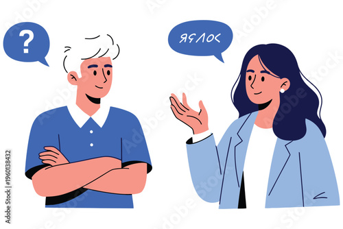 Confused man listening to a woman's explanation or advice