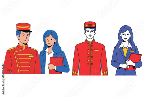 Pixelated illustration of hotel staff and guests in red and blue uniforms