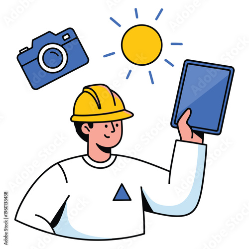 Construction worker with camera and tablet under sunny conditions
