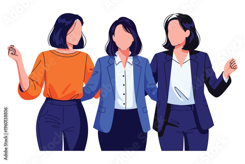 Three women in business casual attire standing together in a line