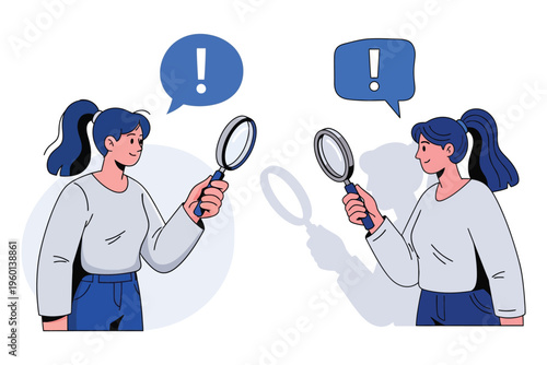 Two women examining each other with magnifying glasses and speech bubbles