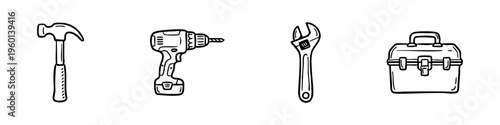 A set of hand-drawn doodle icons for construction repair, featuring a hammer, power drill, adjustable wrench, and a classic toolbox.