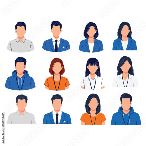 Diverse group of twelve cartoon people with various professions and casual attire