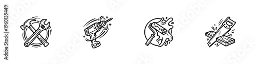 Dynamic hand-drawn icons of construction tools in action, featuring a hammer, wrench, power drill, paint roller, and saw with motion effects.