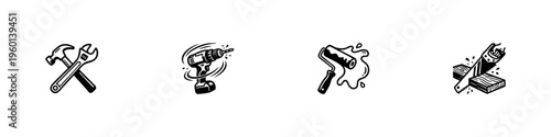 Dynamic hand-drawn icons of construction tools in action, featuring a hammer, wrench, power drill, paint roller, and saw with motion effects.