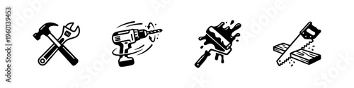 Dynamic hand-drawn icons of construction tools in action, featuring a hammer, wrench, power drill, paint roller, and saw with motion effects.