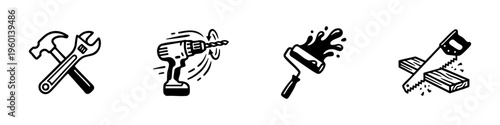 Dynamic hand-drawn icons of construction tools in action, featuring a hammer, wrench, power drill, paint roller, and saw with motion effects.