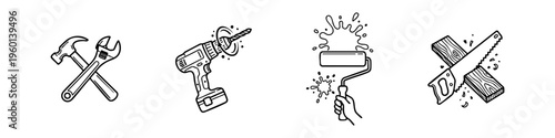 Dynamic hand-drawn icons of construction tools in action, featuring a hammer, wrench, power drill, paint roller, and saw with motion effects.