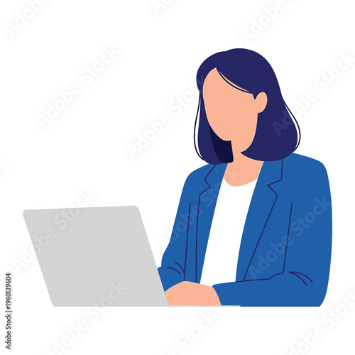 Woman working on laptop computer in a professional setting with blue blazer