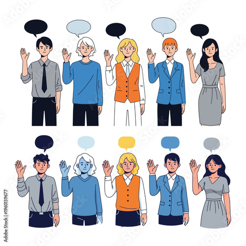 A group of diverse people with speech bubbles communicating and expressing themselves
