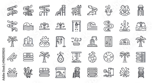 Water Park Icons: Slides, Pools, Fountains, Palm Trees, and Fun Elements