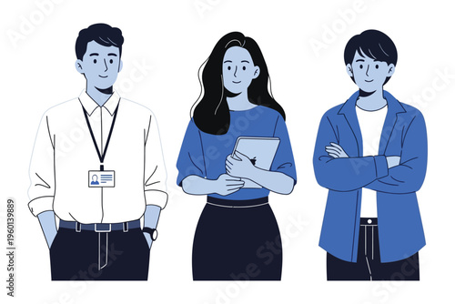 Three diverse young adults standing together in a line with varying expressions and attire