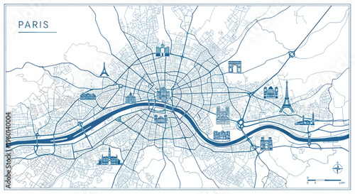 Paris City Map with Landmarks and River Seine, Elegant Blue and White Illustration