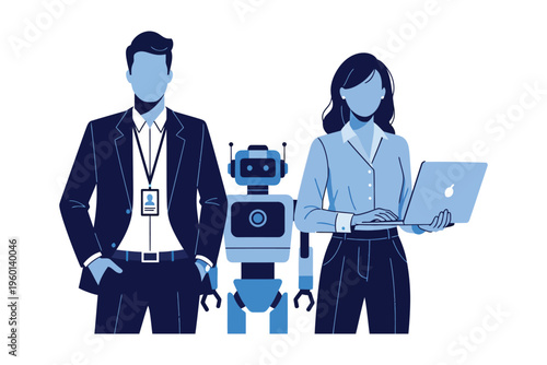 Business professionals with a robot and a laptop