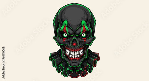 Scary Clown Skull with Green and Red Makeup, Horror Halloween Character