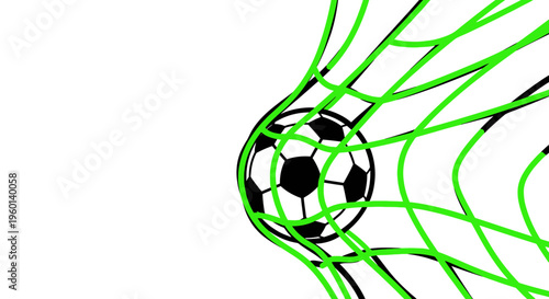 Soccer ball in net goal, sport game winning score, sports equipment, white background