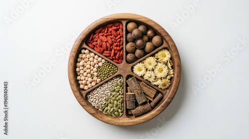 Wellness Wheel: A culinary composition of traditional herbs and grains, artfully arranged within a wooden serving dish, ready for healthy nourishment.