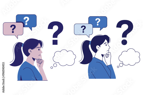 Two people with question marks and thought bubbles representing confusion and inquiry