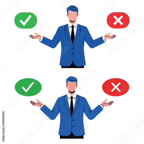 Businessman choosing between right and wrong checkmark and cross symbol