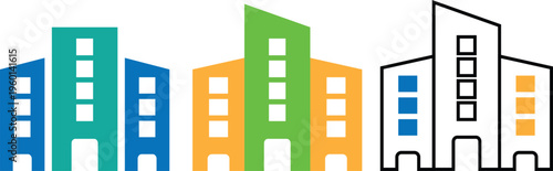 Three stylized modern building icons in various colors arranged horizontally against white background Vector