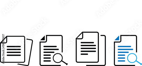 A set of four minimalist document and file icons featuring search and text elements for interface Vector