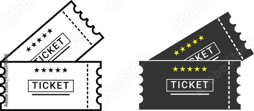 A pair of illustrated vector admission ticket icons in both outline and solid dark color styles Vector
