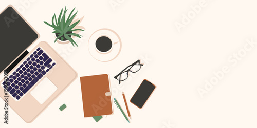 Home office desk flatlay warm colors space for text