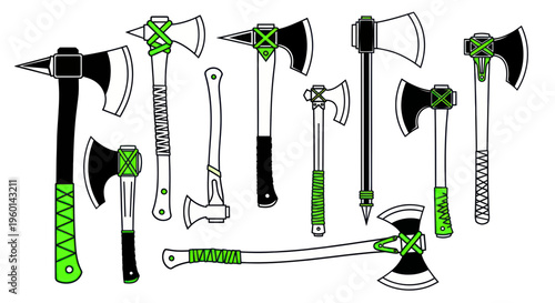 Collection of Hand-Drawn Axe Icons with Green Accents