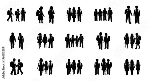 Diverse Group of Students with Backpacks Silhouette Icons