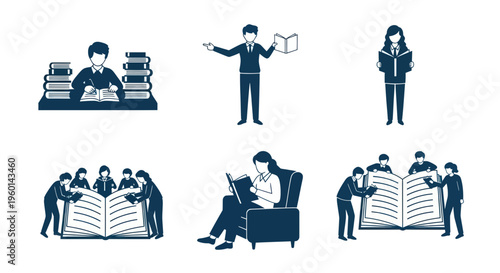 People Reading Books, Studying, Learning, and Sharing Knowledge Icons Set