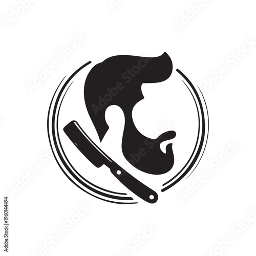 A striking black and white logo depicts a barber s profile with a straight razor a classic silhouette