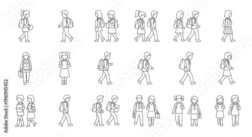 Children's School Day: Diverse Students Walking with Backpacks, Outline Icons