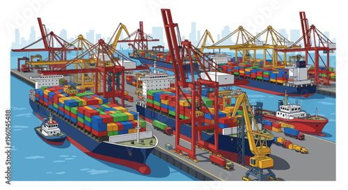 Busy Container Ship Port with Cranes and Cargo Ships